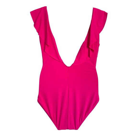 La Blanca Island Goddess Plunge Size 16 Ruffle One Piece Swimsuit Pop Pink NWT $ - Picture 11 of 12